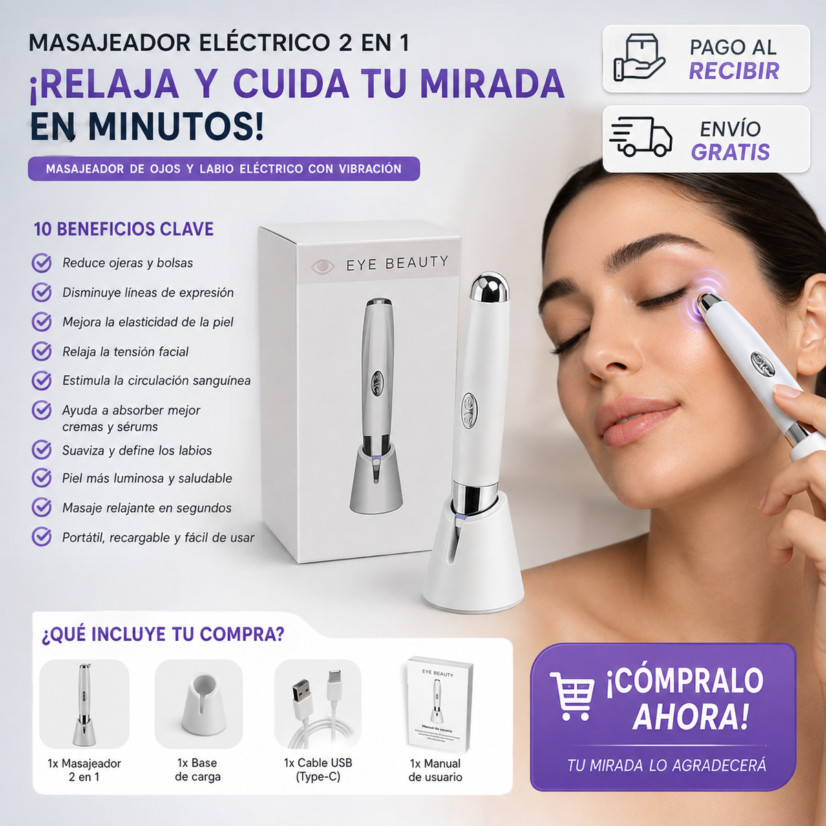 ¡Relaja y Cuida tu Mirada en Minutos! Masajeador Eléctrico 2 en 1-Masajeador de ojos y labio electrico con vibracion