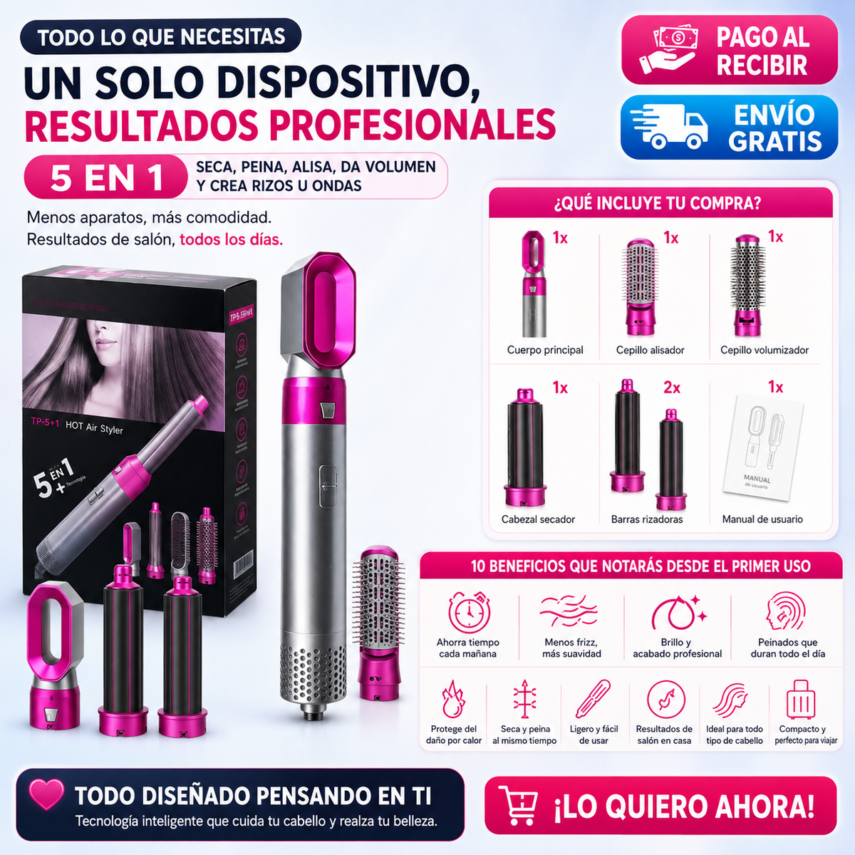 ¡5 Funciones en 1! Peina, Alisa, Riza y Da Volumen-Cepillo 5en1
