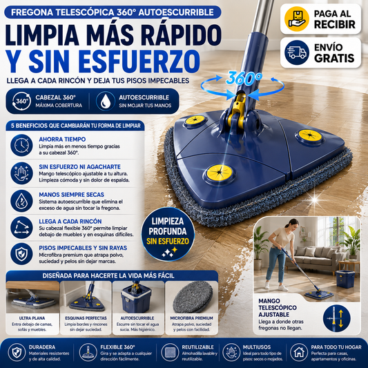 Fregona Telescópica 360° Autoescurrible – Limpia Más Rápido y Sin Esfuerzo