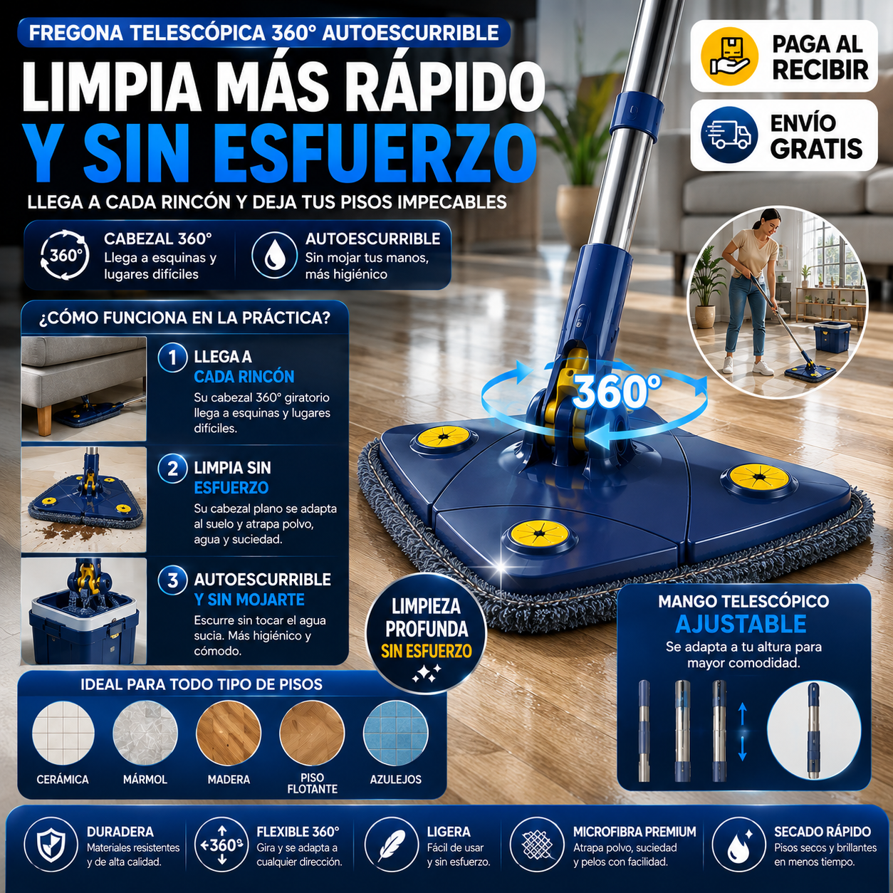Fregona Telescópica 360° Autoescurrible – Limpia Más Rápido y Sin Esfuerzo