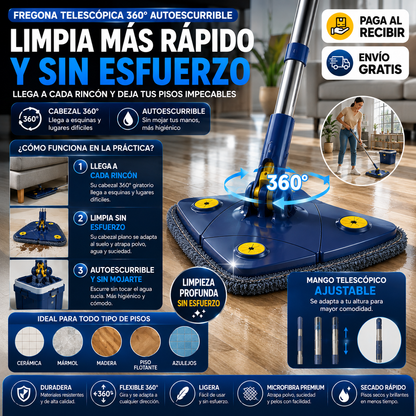 Fregona Telescópica 360° Autoescurrible – Limpia Más Rápido y Sin Esfuerzo
