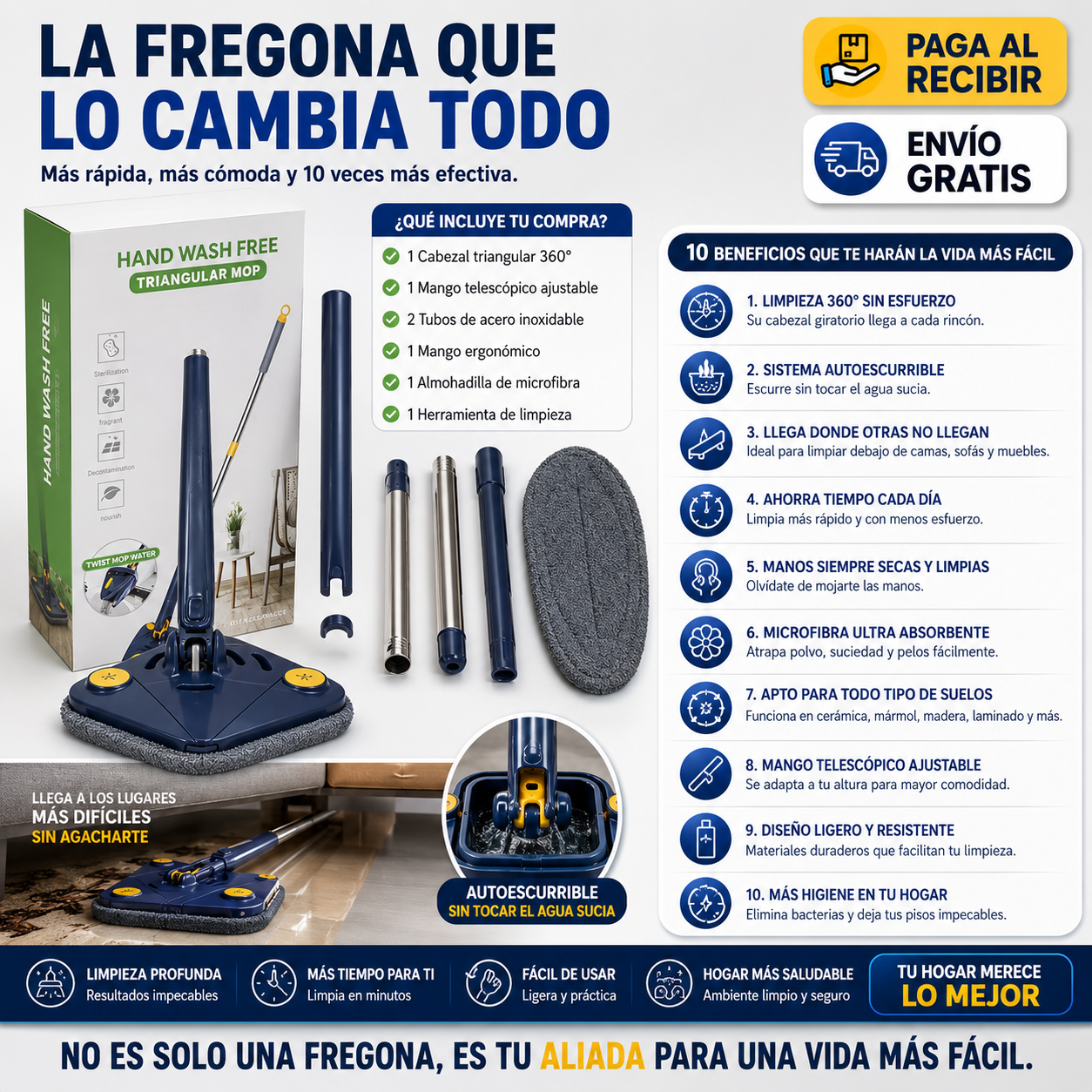 Fregona Telescópica 360° Autoescurrible – Limpia Más Rápido y Sin Esfuerzo
