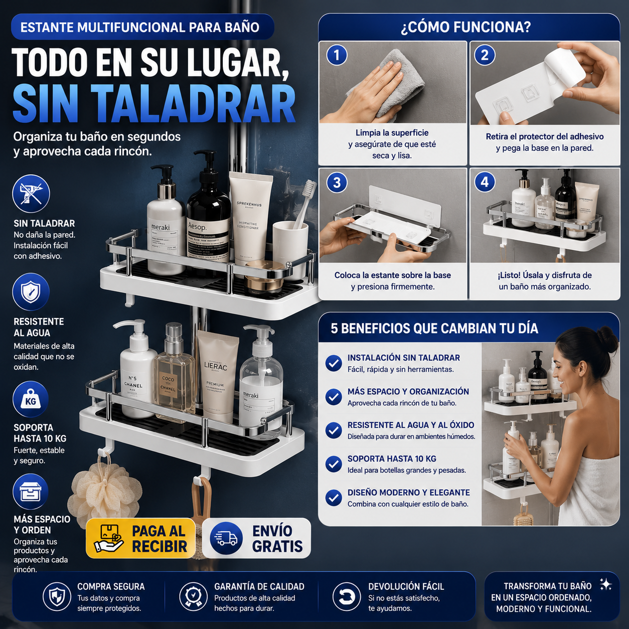 Estante Multifuncional para Baño – Organiza tu Espacio Sin Taladrar