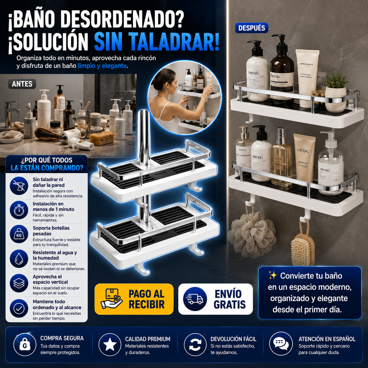 Estante Multifuncional para Baño – Organiza tu Espacio Sin Taladrar
