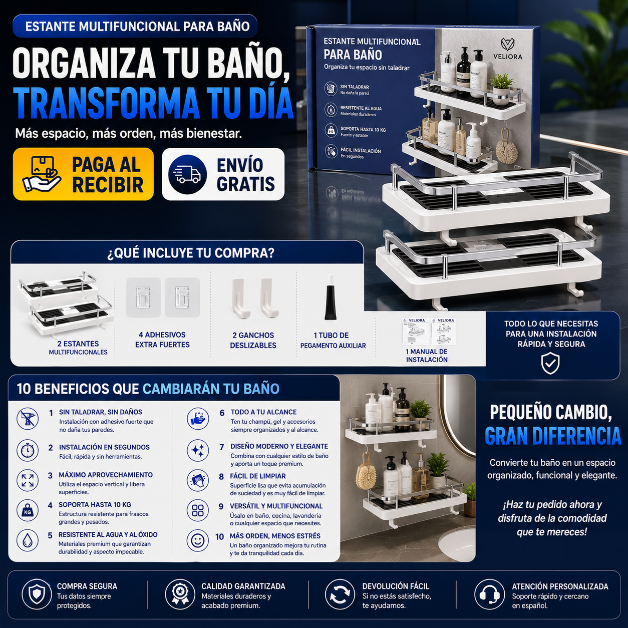 Estante Multifuncional para Baño – Organiza tu Espacio Sin Taladrar