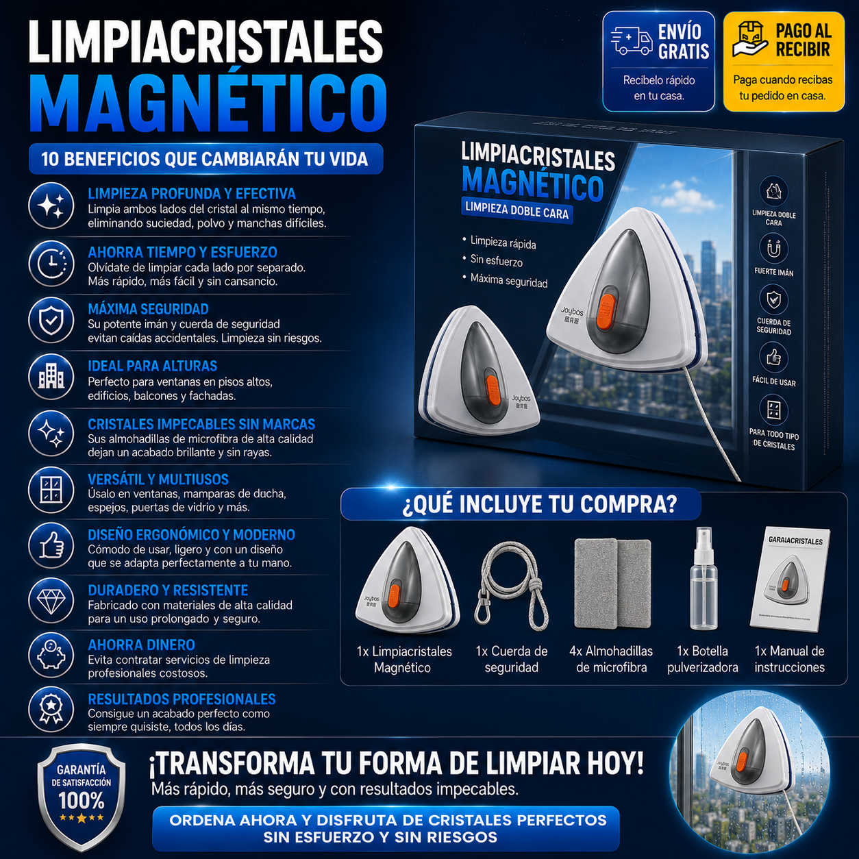 Limpiacristales Magnético con Depósito – Ventanas Impecables Sin Esfuerzo