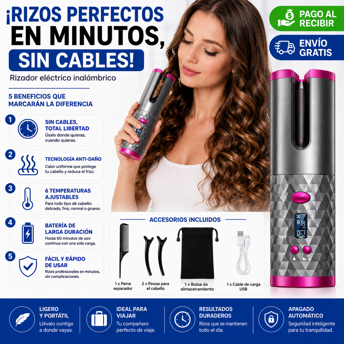 ¡Rizos Perfectos en Minutos, Sin Cables!-Rizador eléctrico inalámbrico