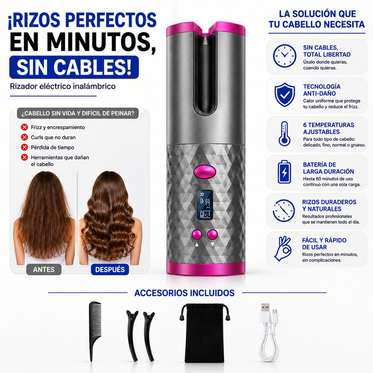 ¡Rizos Perfectos en Minutos, Sin Cables!-Rizador eléctrico inalámbrico