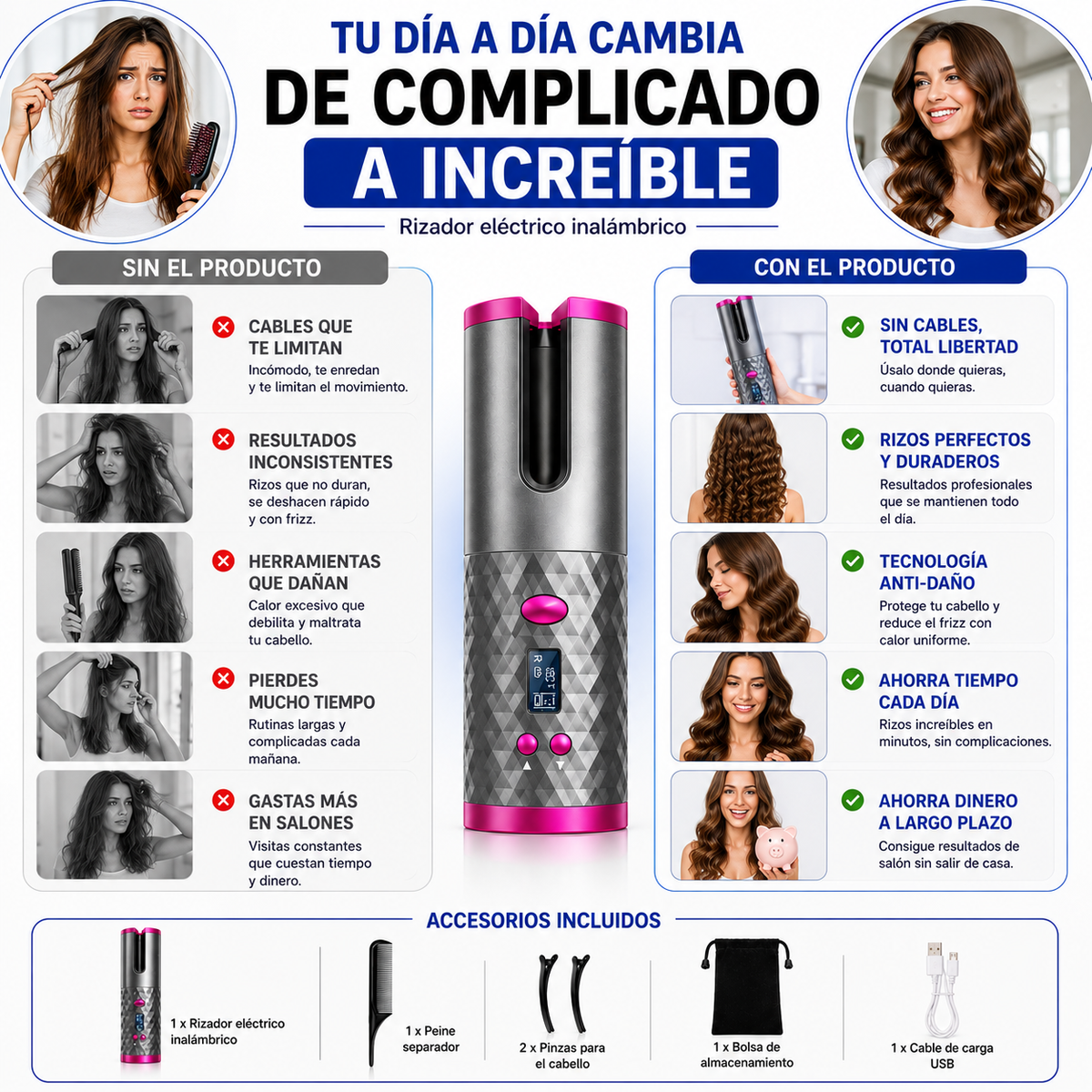 ¡Rizos Perfectos en Minutos, Sin Cables!-Rizador eléctrico inalámbrico