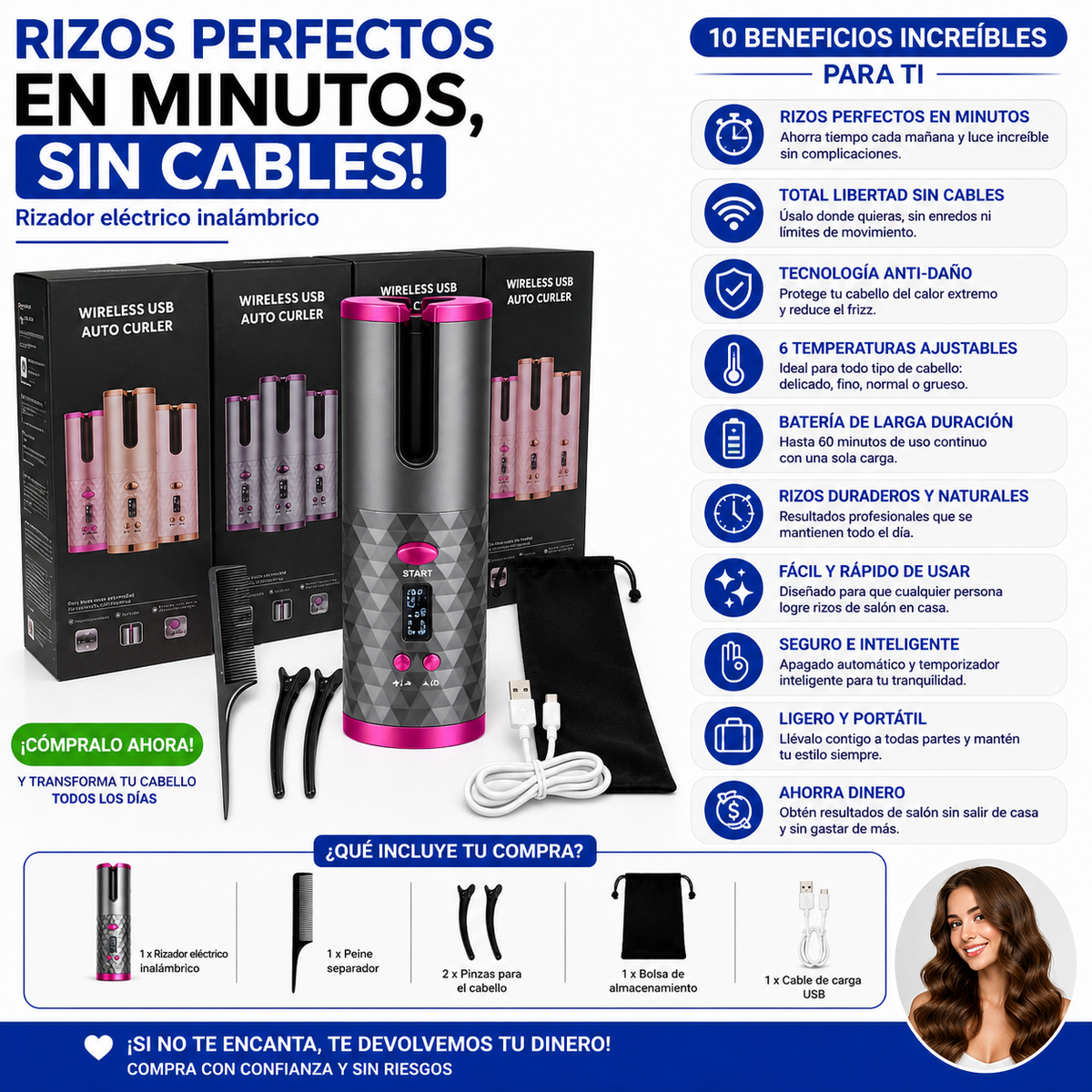 ¡Rizos Perfectos en Minutos, Sin Cables!-Rizador eléctrico inalámbrico