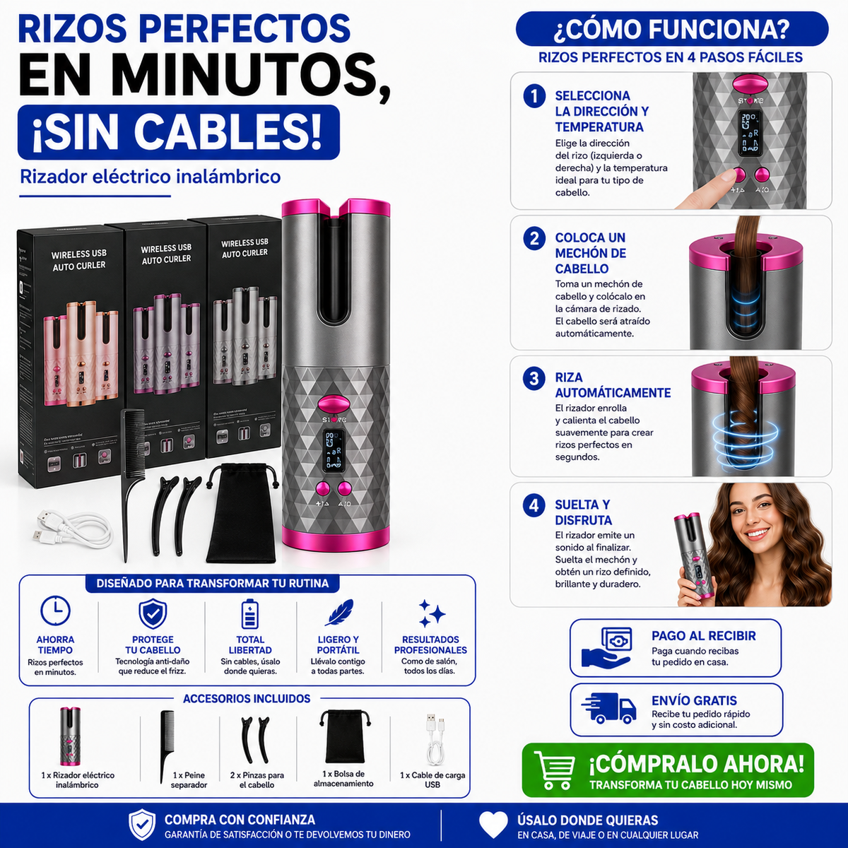 ¡Rizos Perfectos en Minutos, Sin Cables!-Rizador eléctrico inalámbrico
