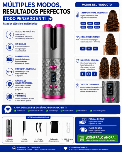 ¡Rizos Perfectos en Minutos, Sin Cables!-Rizador eléctrico inalámbrico