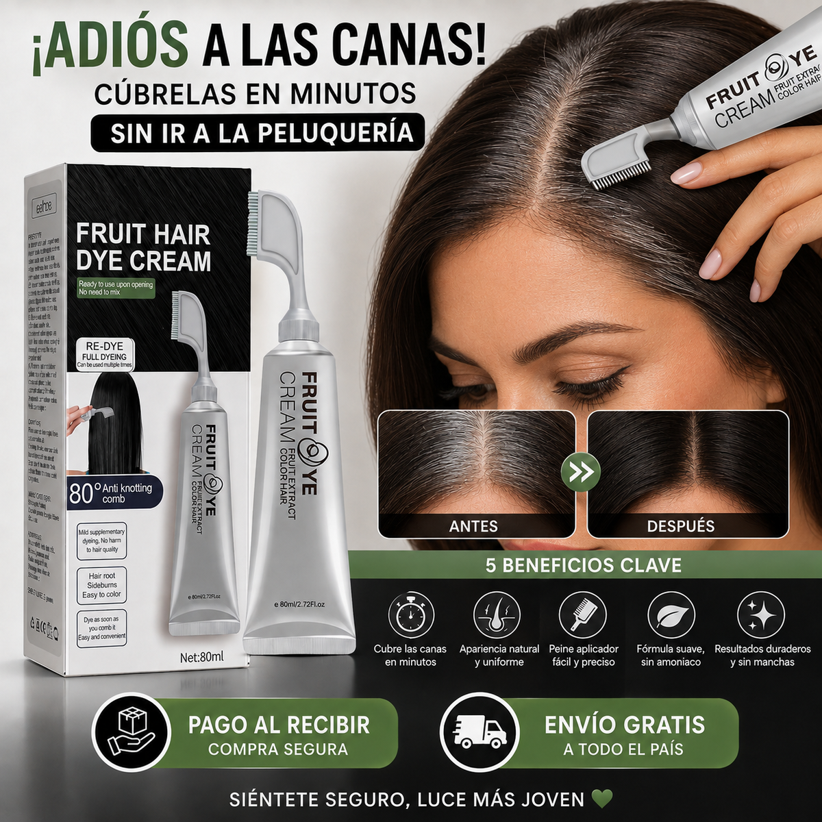¡Adiós a las Canas! Cúbrelas en Minutos Sin Ir a la Peluquería-Crema para el cabello con peine para cubrir canas negro