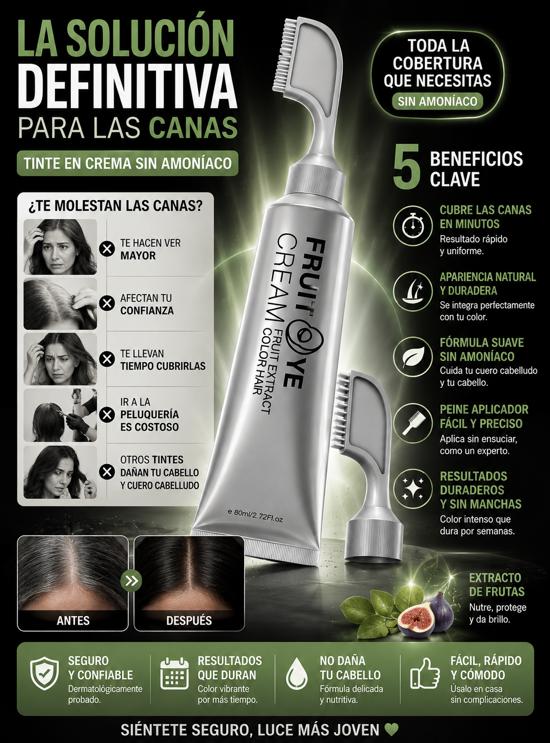 ¡Adiós a las Canas! Cúbrelas en Minutos Sin Ir a la Peluquería-Crema para el cabello con peine para cubrir canas negro