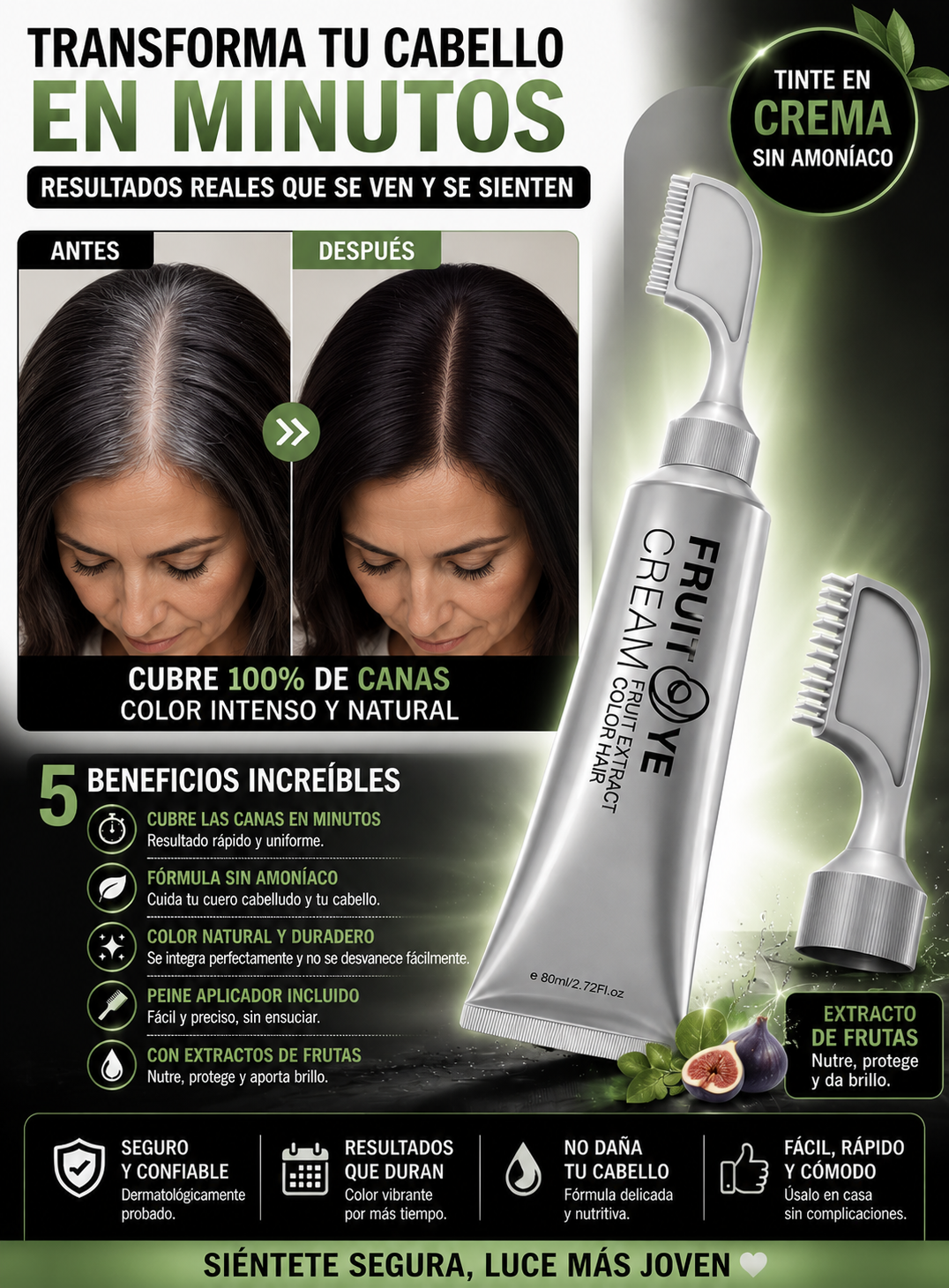 ¡Adiós a las Canas! Cúbrelas en Minutos Sin Ir a la Peluquería-Crema para el cabello con peine para cubrir canas negro