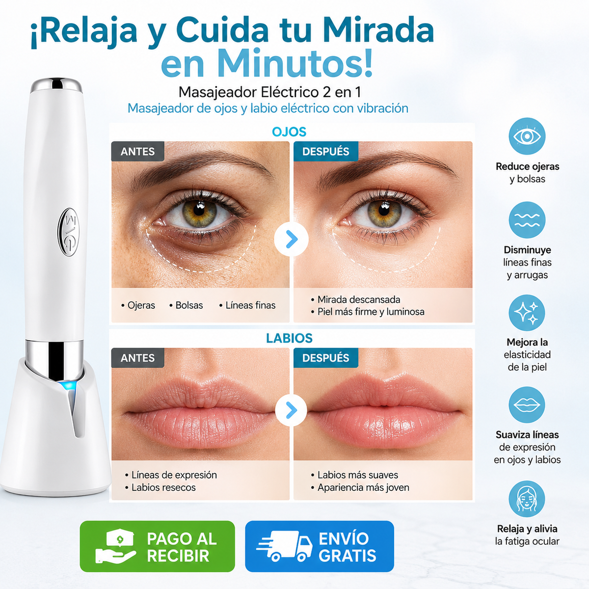 ¡Relaja y Cuida tu Mirada en Minutos! Masajeador Eléctrico 2 en 1-Masajeador de ojos y labio electrico con vibracion