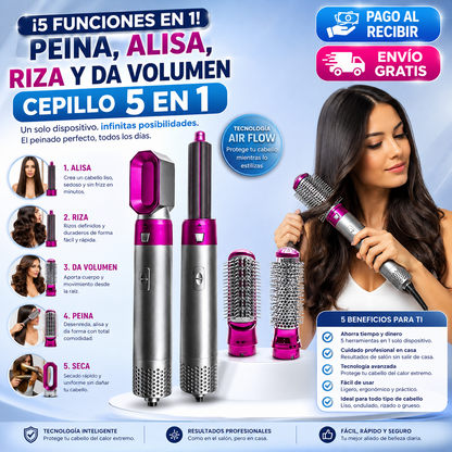 ¡5 Funciones en 1! Peina, Alisa, Riza y Da Volumen-Cepillo 5en1