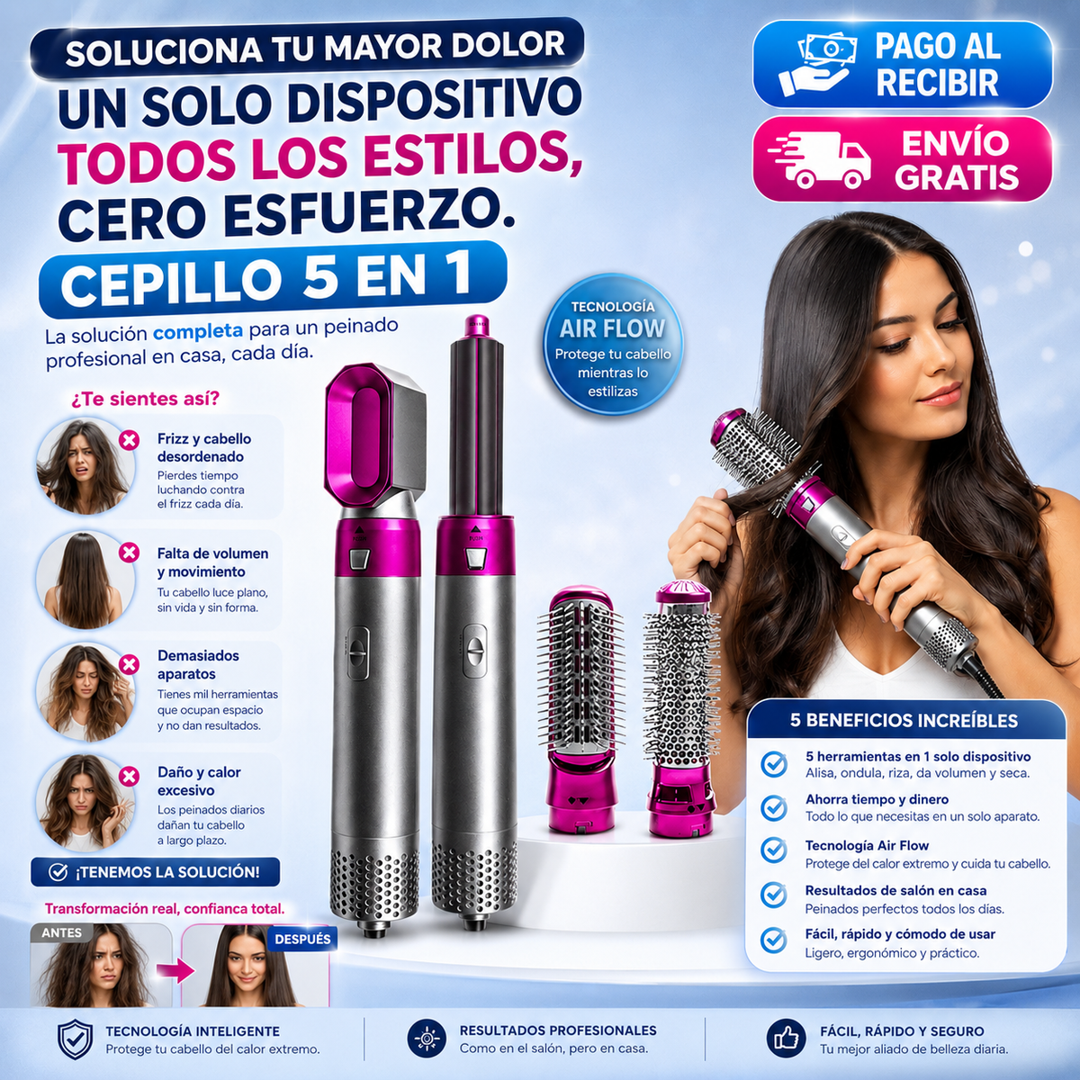 ¡5 Funciones en 1! Peina, Alisa, Riza y Da Volumen-Cepillo 5en1