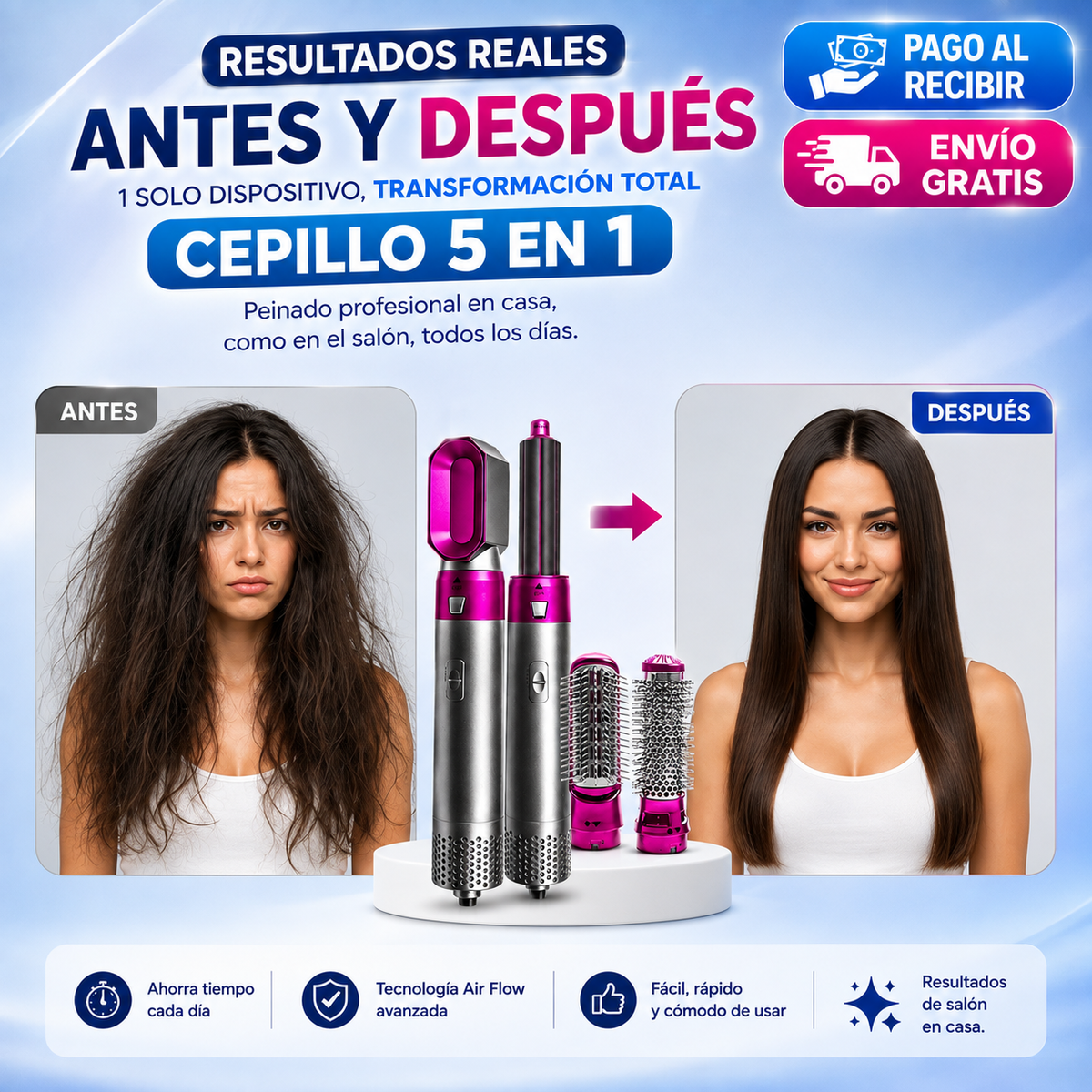 ¡5 Funciones en 1! Peina, Alisa, Riza y Da Volumen-Cepillo 5en1